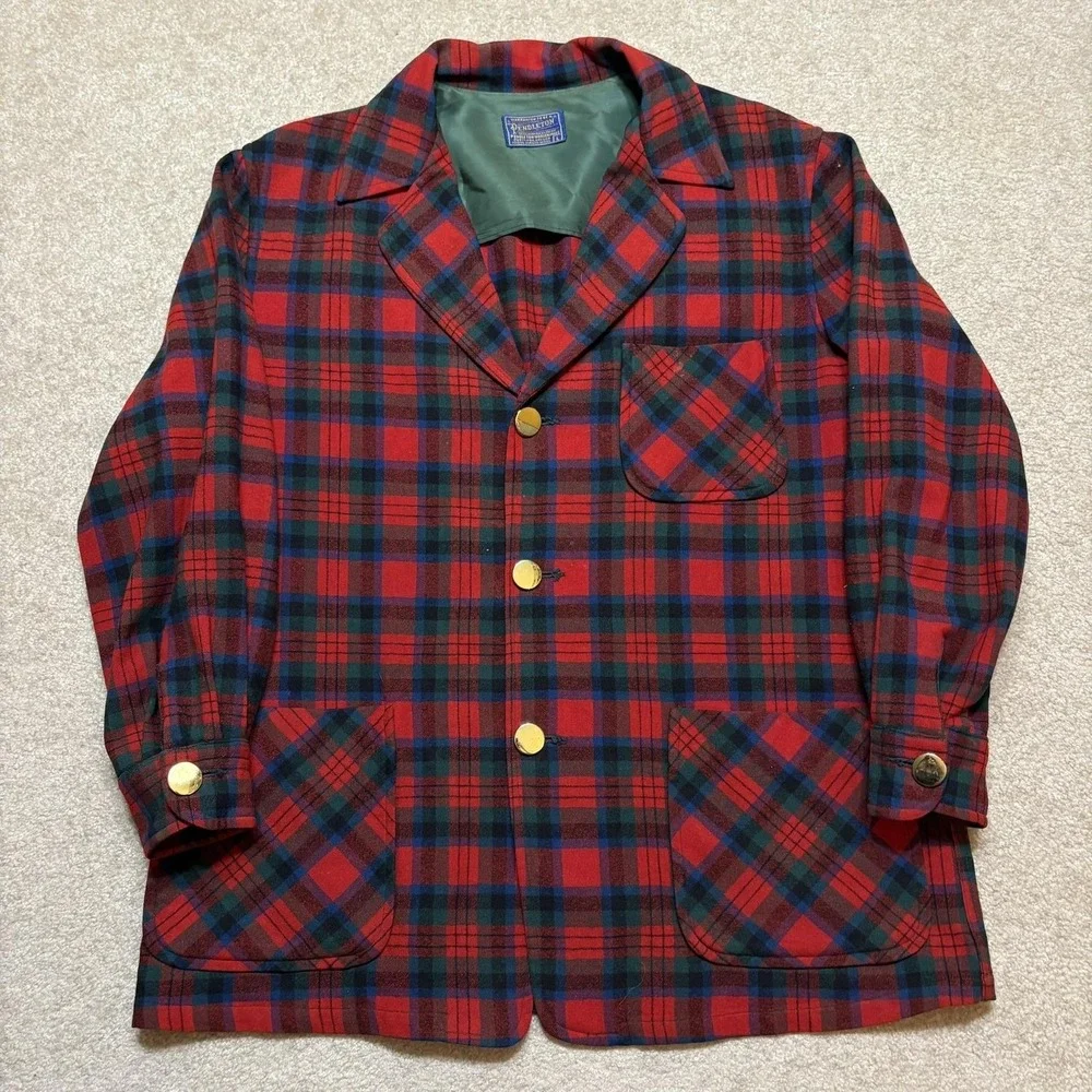 Vtg Pendleton Blazer Jacket Mens Large Red Plaid Wool Hunting Sport Coat 50s 60s
